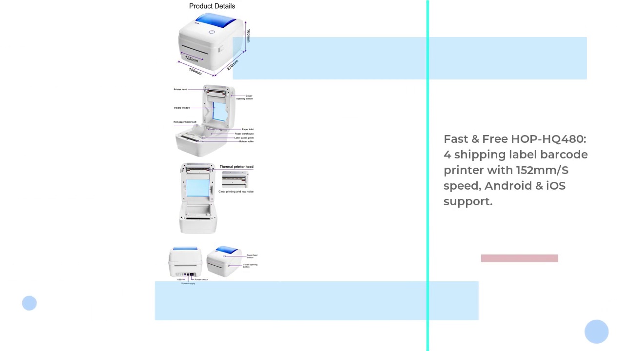  দ্রুত এবং বিনামূল্যে HOP-HQ480: 152mm/s গতি সহ 4টি শিপিং লেবেল বারকোড প্রিন্টার, অ্যান্ড্রয়েড এবং iOS সমর্থন।