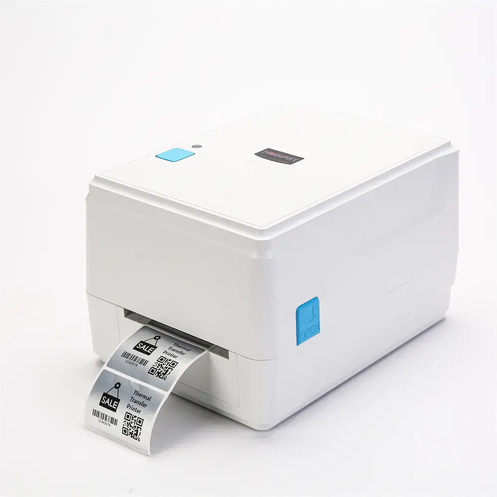 Imprimante de codes-barres à transfert thermique HQ490 blanche de 4 pouces, ruban à transfert, imprimante de bureau industrielle USB + Bluetooth 1