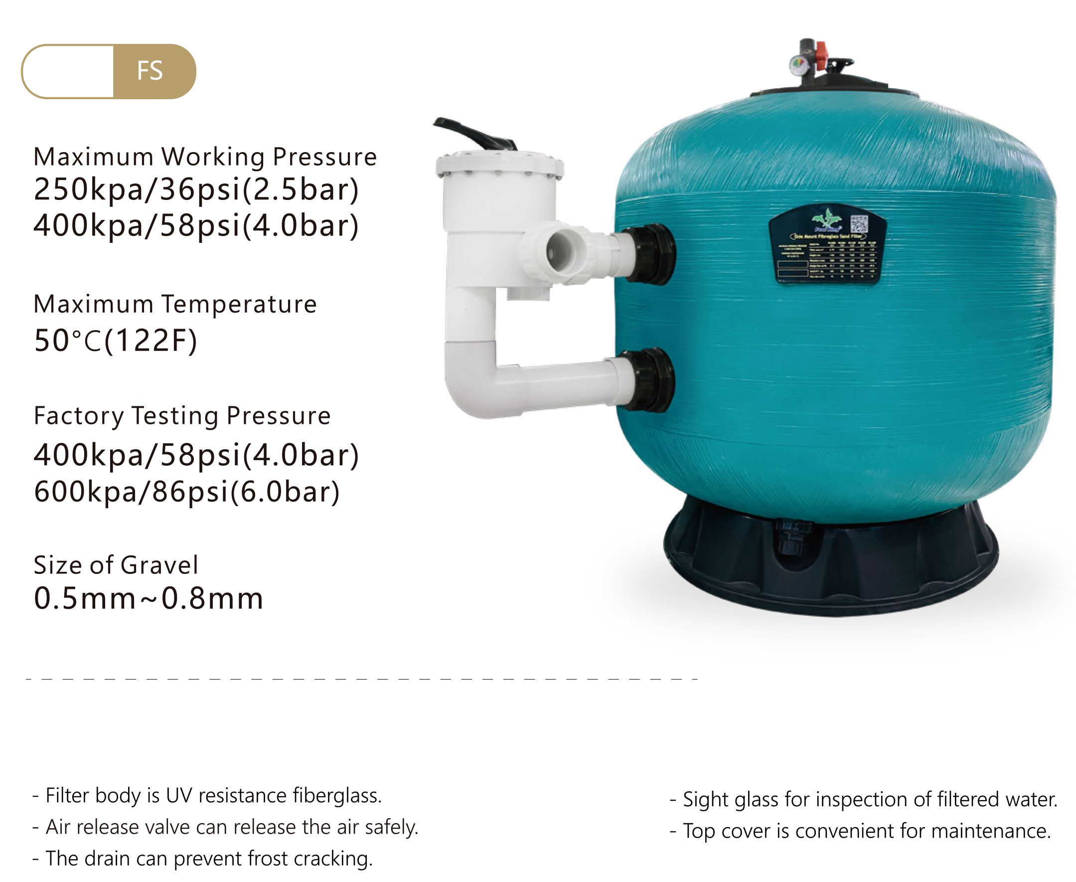 Poolking Glasfiber Sidomonterat Sandfilter Med 2,5 Ventil Från 1000~1400mm För Semi-Kommersiella Pooler 5