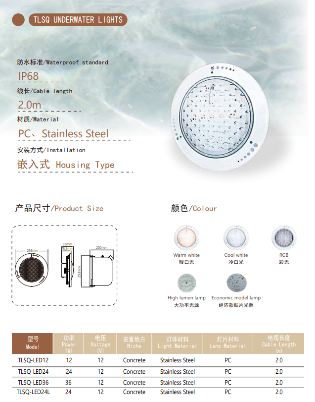 Υποβρύχια φώτα τύπου περιβλήματος SS304 σειράς TLSQ 256mm 2