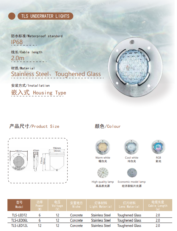 TLS շարքի 146 մմ SS304 ներկառուցված ստորջրյա լույսեր 2