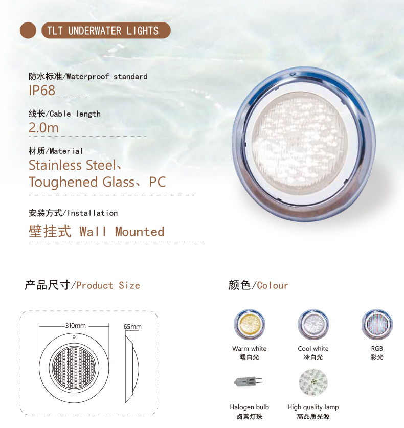 ไฟใต้น้ำติดผนัง SS304 ซีรีส์ TLT ขนาด 310 มม. 2