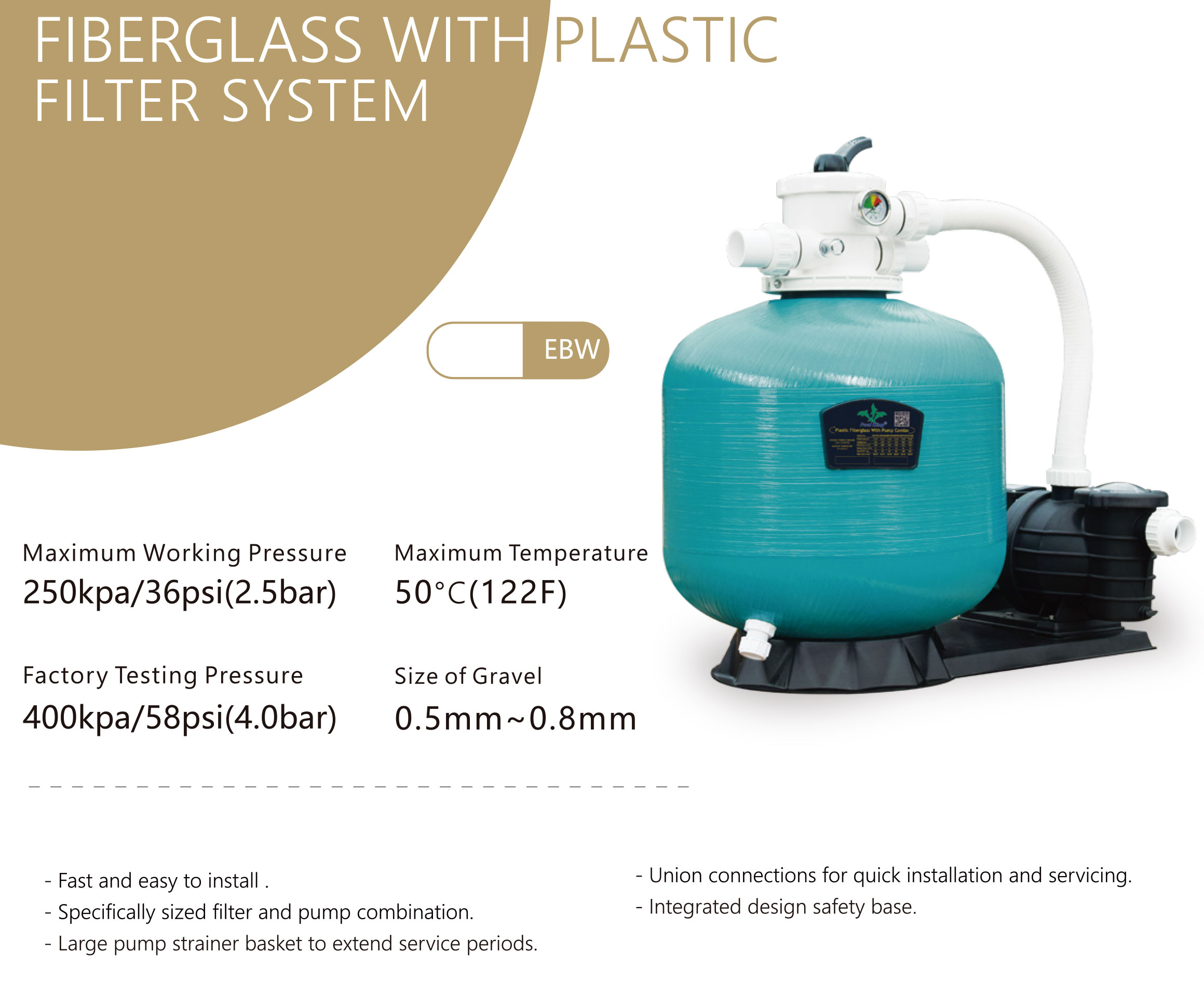 მინაბოჭკოვანი მინა პლასტმასის ქვიშის ფილტრის სისტემით 350~700 მმ-დან ვილების აუზებისთვის 3