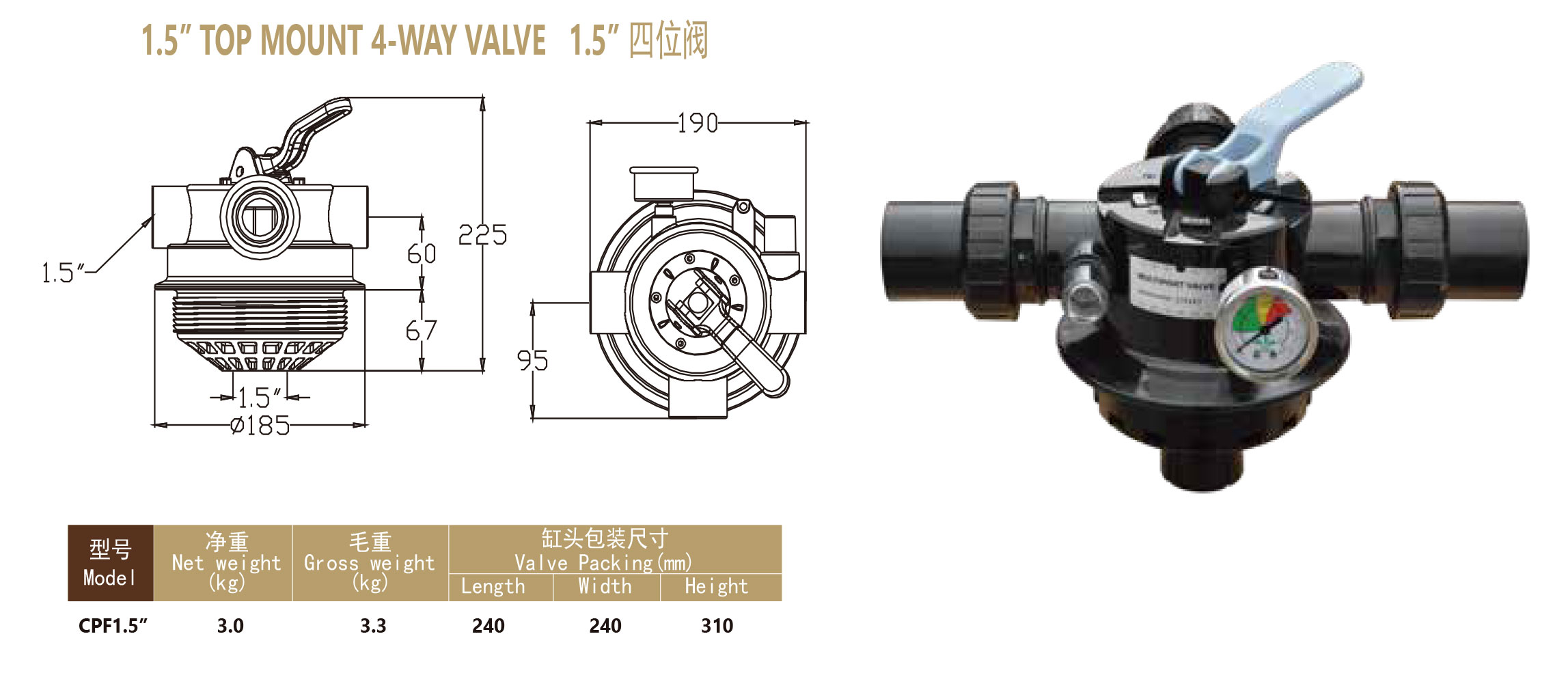 Üstten Montajlı Plastik Filtreler İçin 1,5 Kelepçe Tipi Üstten Montajlı 4 Yollu Vana 2
