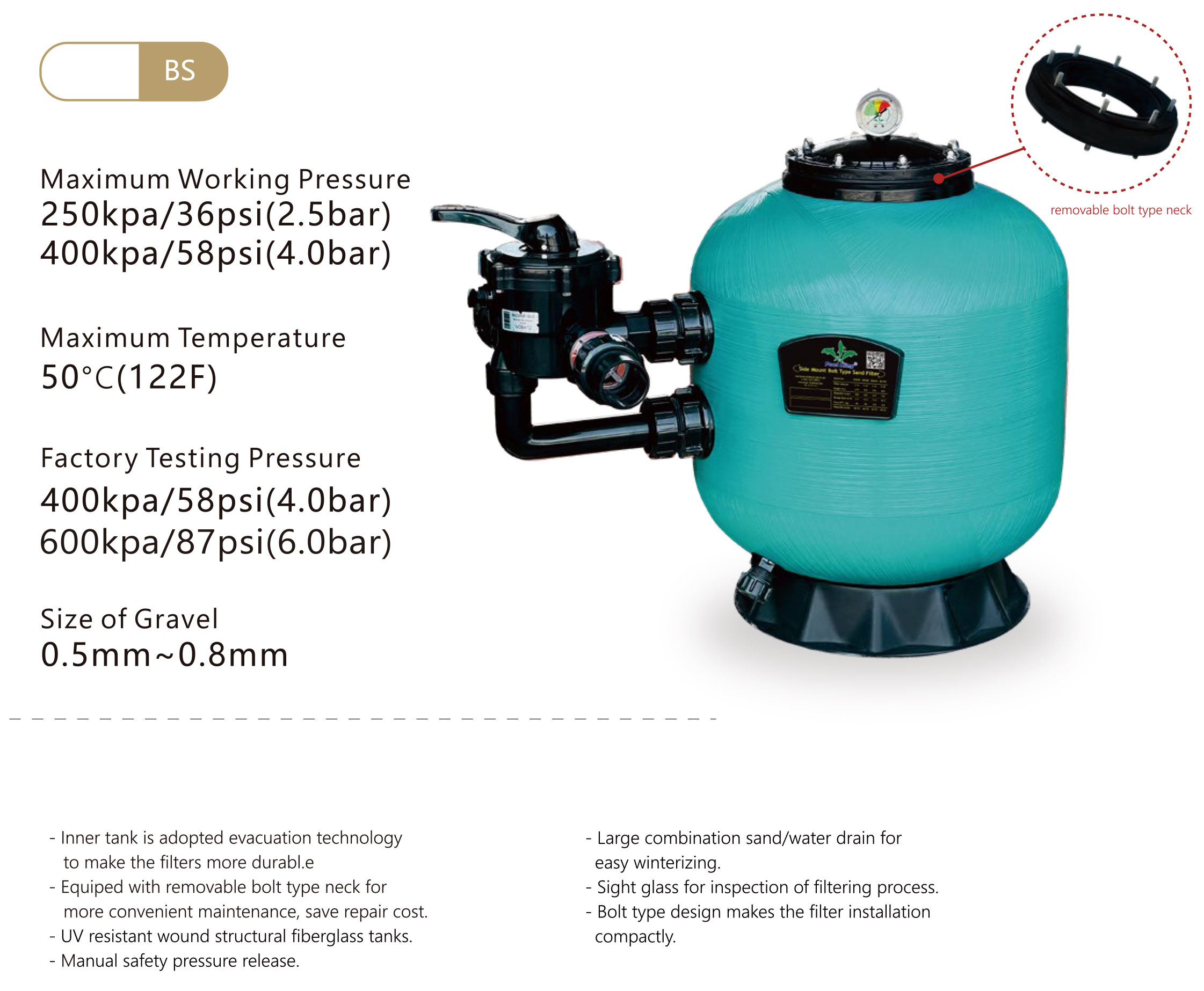 Sidomonterat sandfilter av glasfiberbulttyp från 450~1200 mm för hushållspooler 2
