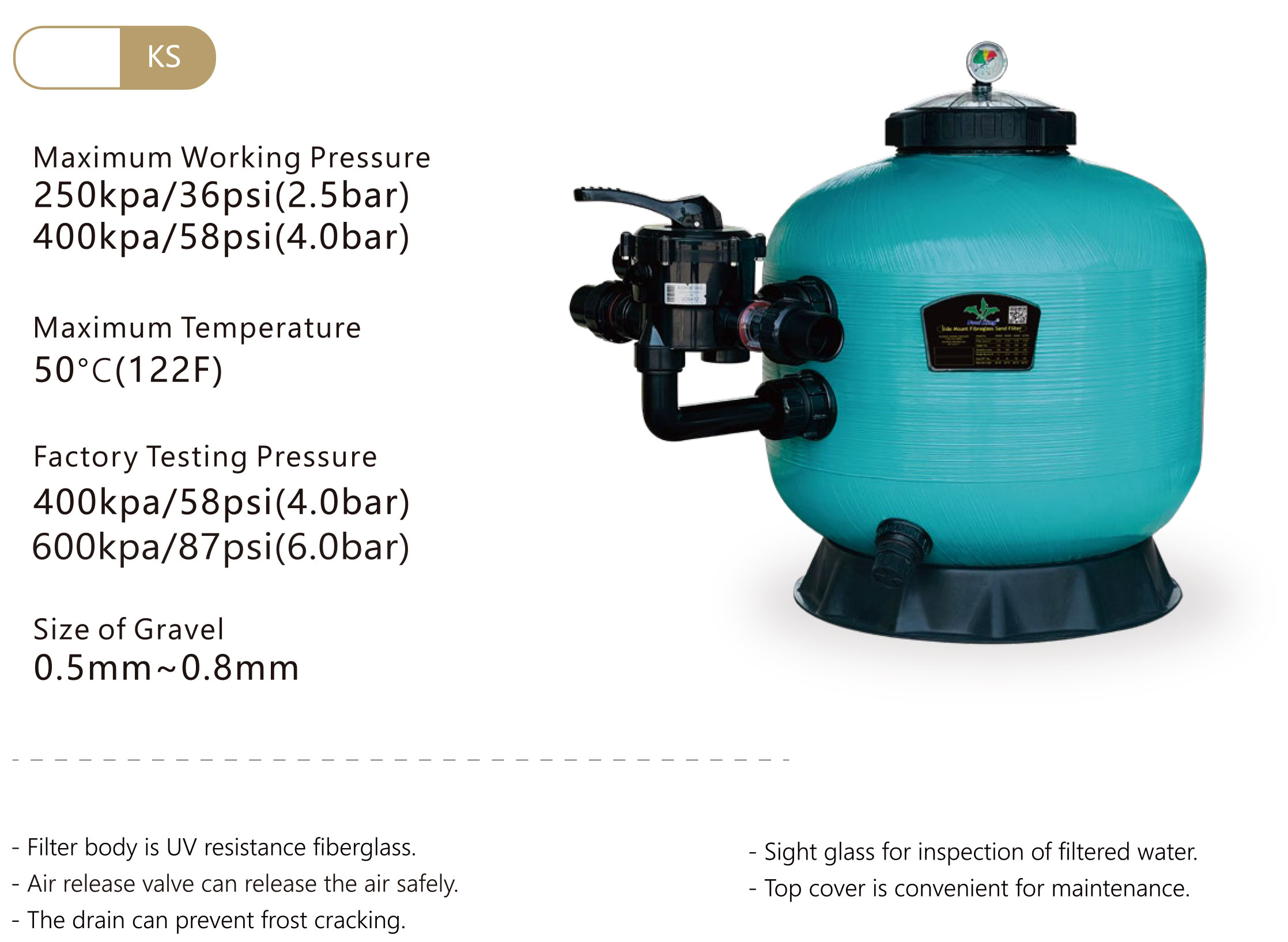Poolking Fiberglass Sidemount Sand Filter From 450~900mm For Spa Pools 2