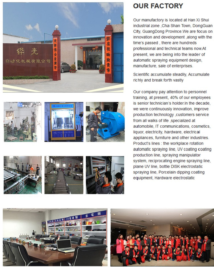 પ્લાસ્ટિક કાચની બોટલ માટે આઇઆર ડ્રાયિંગ પાવડર કોટિંગ સાથે ડીજી હુઆગોન ઓટોમેટિક ઇલેક્ટ્રોસ્ટેટિક સ્પ્રેઇંગ કોટિંગ પ્રોડક્શન લાઇન 19
