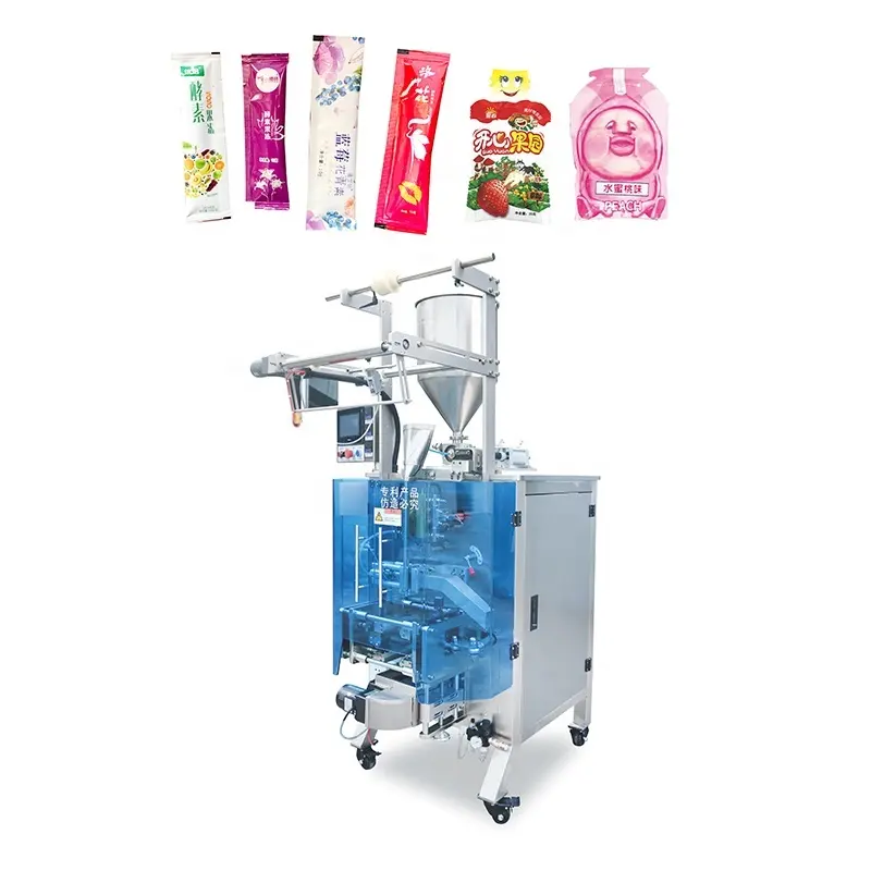 Machin otomatik pou ranpli manje ak anbalaj ak twa bò jele, fòm espesyal, jele ak twa bò. 1