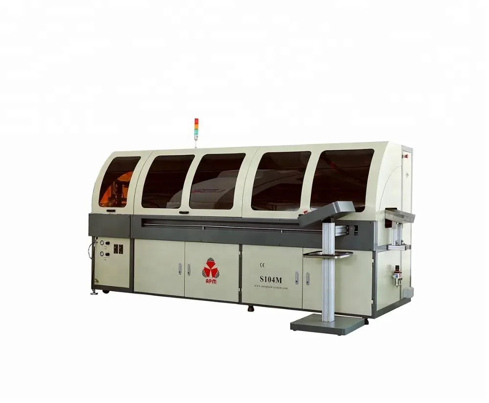 APM PRINT - S104M Stampante per buttiglie 1-3 culori, stampante serigrafica UV tutti servomotori cù una stazione navetta per buttiglie di vetru/plastica Stampante serigrafica automatica 1