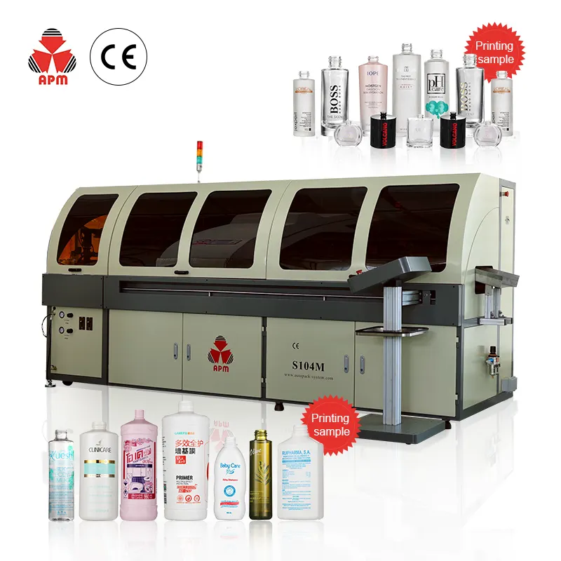 APM මුද්‍රණය - S104 ඉහළ නිරවද්‍යතාවයකින් යුත් වර්ණ 3-5 ස්වයංක්‍රීය රූපලාවන්‍ය බෝතල් තිර මුද්‍රණ යන්ත්‍රය සිලින්ඩරාකාර/ඕවලාකාර බෝතල් සඳහා ස්වයංක්‍රීය තිර මුද්‍රණ යන්ත්‍රය 1