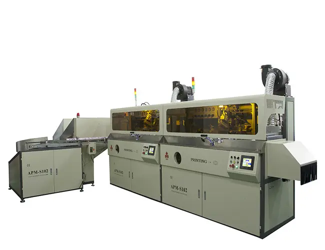 एपीएम प्रिंट - एस102 1~8 रंग पूरी तरह से स्वचालित बोतल प्रिंटिंग मशीन एलईडी-यूवी प्रणाली के साथ, 20 वर्षों का अनुभव, उच्च गुणवत्ता वाली प्रिंटिंग मशीन ऑटो स्क्रीन प्रिंटर 1