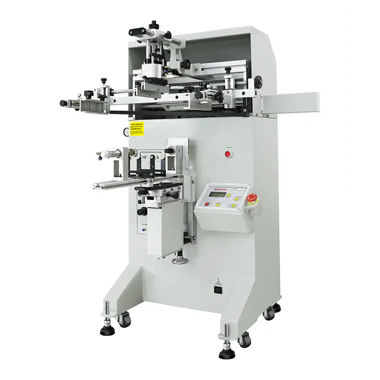 APM PRINT - Аднакаляровы паўаўтаматычны трафарэтны прынтар для круглых авальных плоскіх бутэлек Паўаўтаматычны трафарэтны прынтар 1