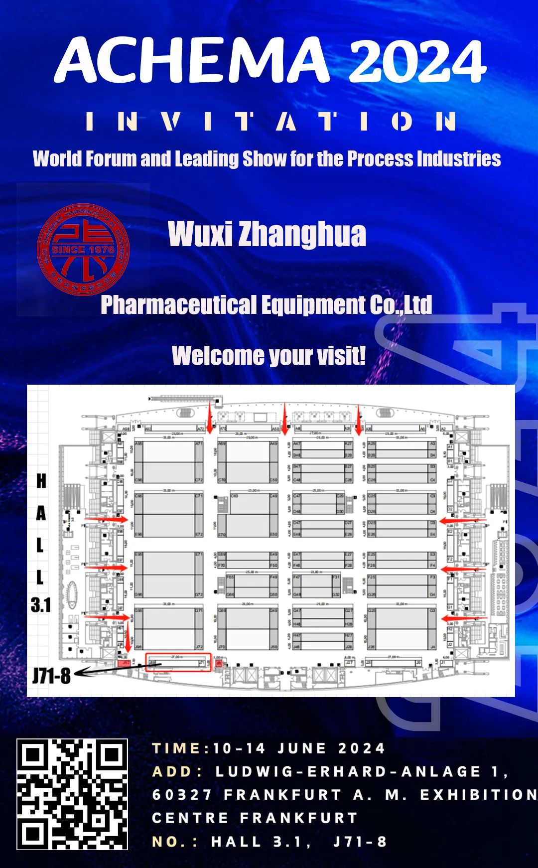 Wuxi Zhanghua Pharmaceutical Equipment Co. Ltd. osallistuu ACHEMA-messuille Frankfurt am Mainissa 10.–14. kesäkuuta 2024. Osasto nro: Halli 3.1, J71-8