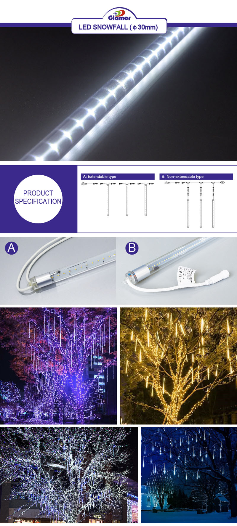 ውሃ የማይገባ ከፍተኛ ጥራት ያለው SMD LED 30mm LED Snowfall Meteor tube ብርሃን የሚወድቅ ዝናብ ሻወር ብርሃን አምራች GLAMOAR 10