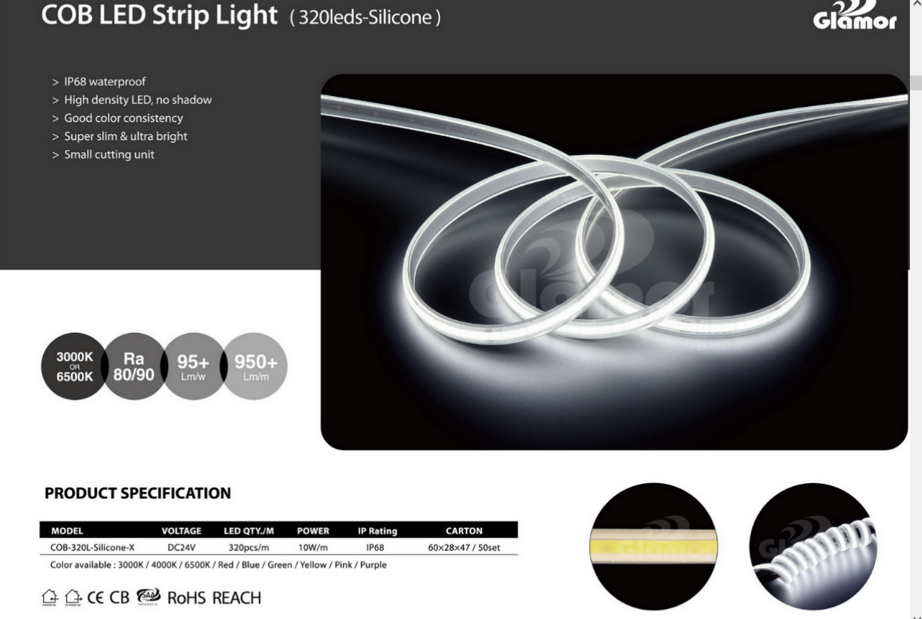 COB LED Strip ljós mjúk kísillhúð IP68 320 COB LED Strip framleiðandi 10