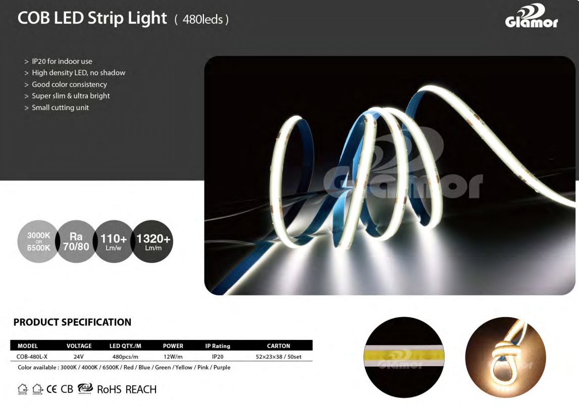 24V 480LEDs High Lumen COB LED Strip Chiedza Hapana Rima Spot Ziso Dziviriro 9
