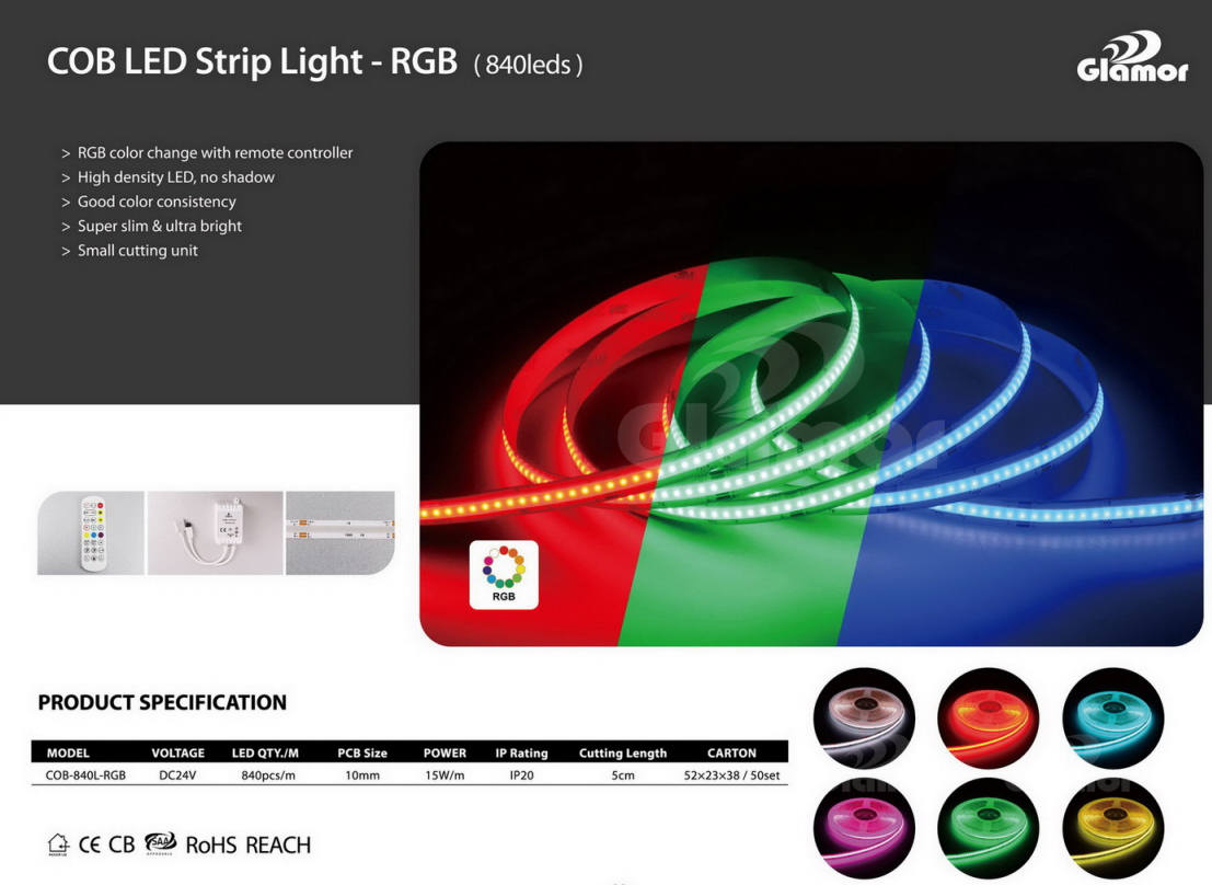 COB LED ଷ୍ଟ୍ରିପ୍ ଲାଇଟ୍ RGB 840 LEDS ପ୍ରତି ମିଟର 6