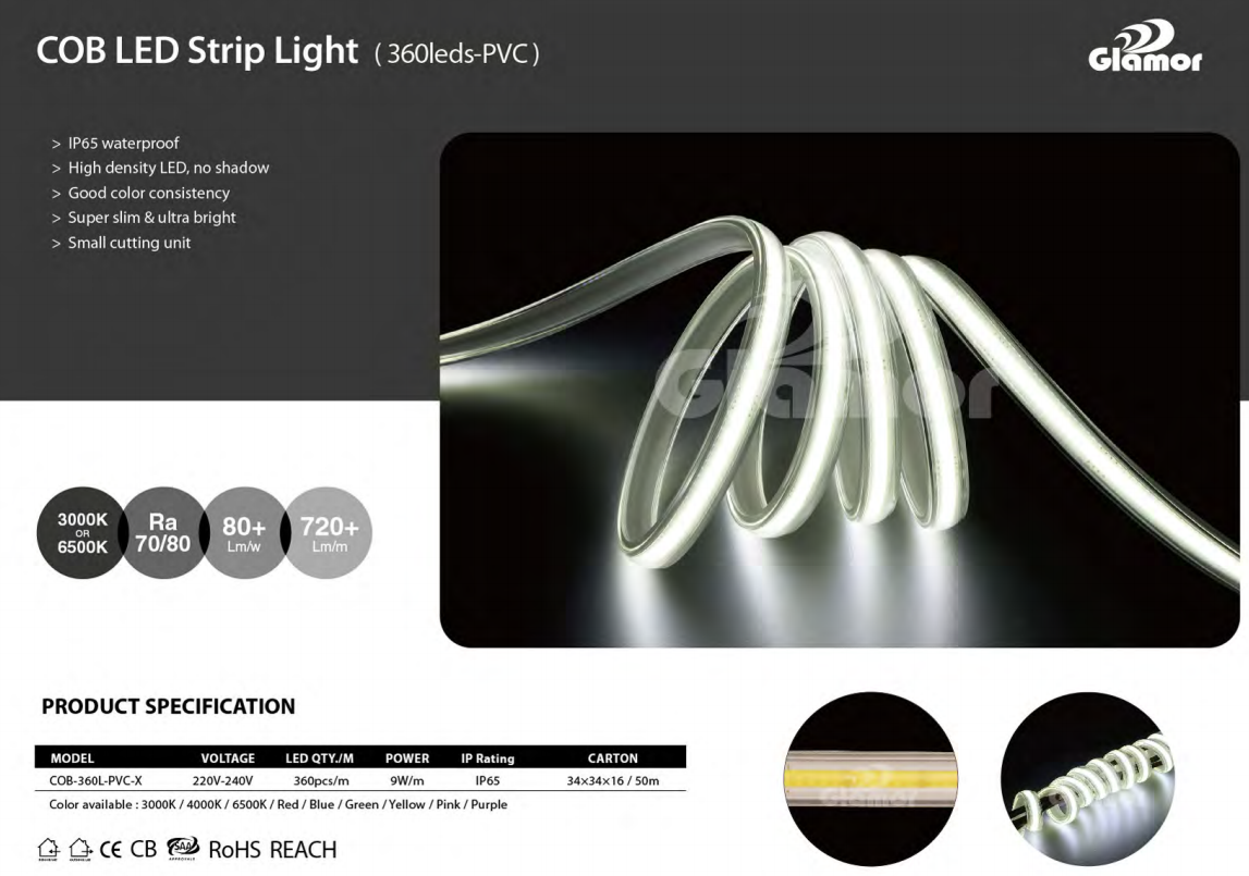 Kvalita Akvorezista Cob Fleksebla LED-Strio Senpunkta, Fabrikisto | GLAMOR 9