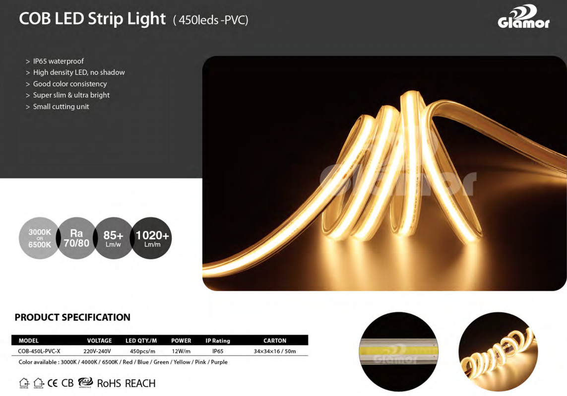 വാട്ടർപ്രൂഫ് COB LED സ്ട്രിപ്പ് ലൈറ്റ്, നിർമ്മാതാവ് കമ്പനി - GLAMOR 9