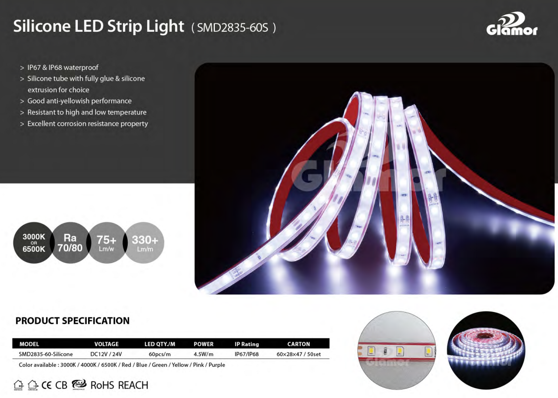 Kaliteli IP67 su geçirmez silikon LED şerit SMD 2835 60 leds/m 5m/10m Üretici | GLAMOR 8