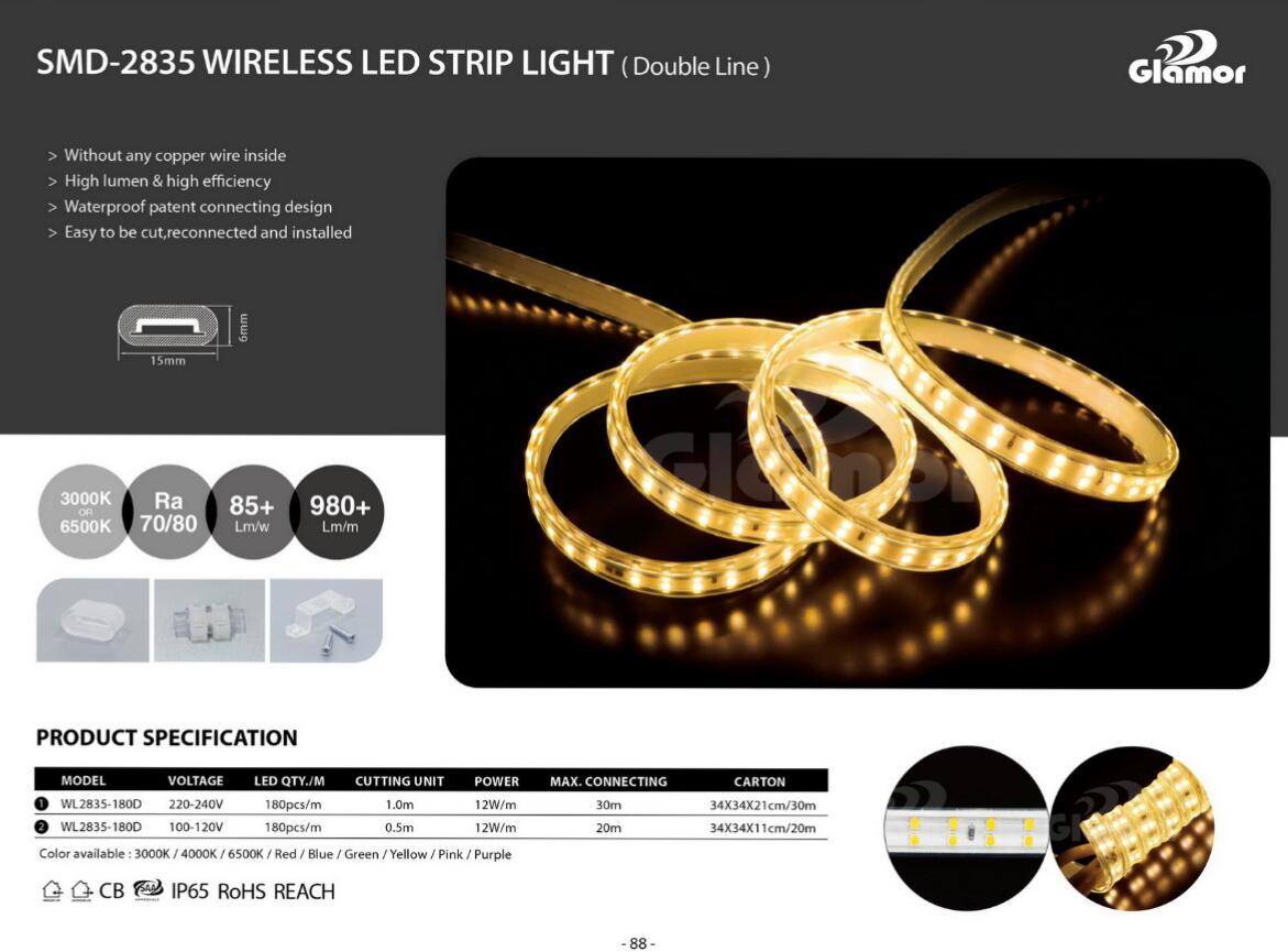 പേറ്റന്റ് SMD2835 കുറഞ്ഞ വിലയുള്ള ഉയർന്ന വോൾട്ട് IP65 വയർലെസ് സൂപ്പർ സ്ലിം LED സ്ട്രിപ്പ് ലൈറ്റ്-ഗ്ലാമർ ഒപ്റ്റോഇലക്‌ടോണിക്‌സ് കമ്പനി 12