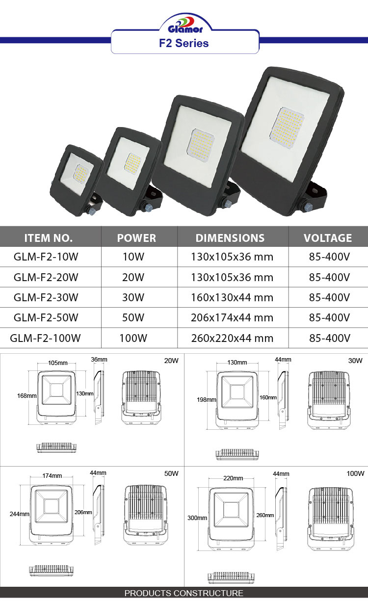 Dış Mekan LED Projektörleri Benzersiz tasarım döküm alüminyum üstün malzemeler 10W 20W 30W 50W 100W F2 Serisi 2