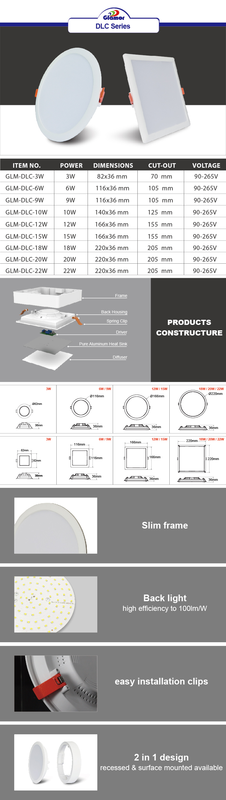 Produsen lampu langit-langit LED Panel Light down light seri DLC (Lampu belakang) Tiongkok - GLAMOR 2