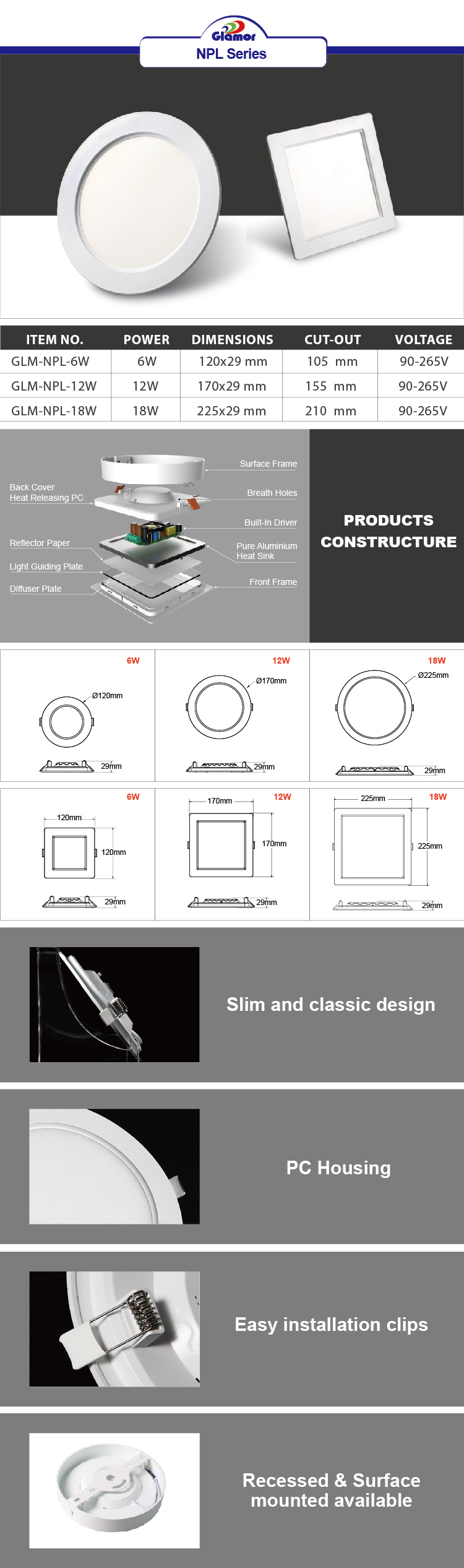 Yüksek Kaliteli NPL Serisi tavan paneli gömme veya yüzeye monte spot Toptan - GLAMOR 2