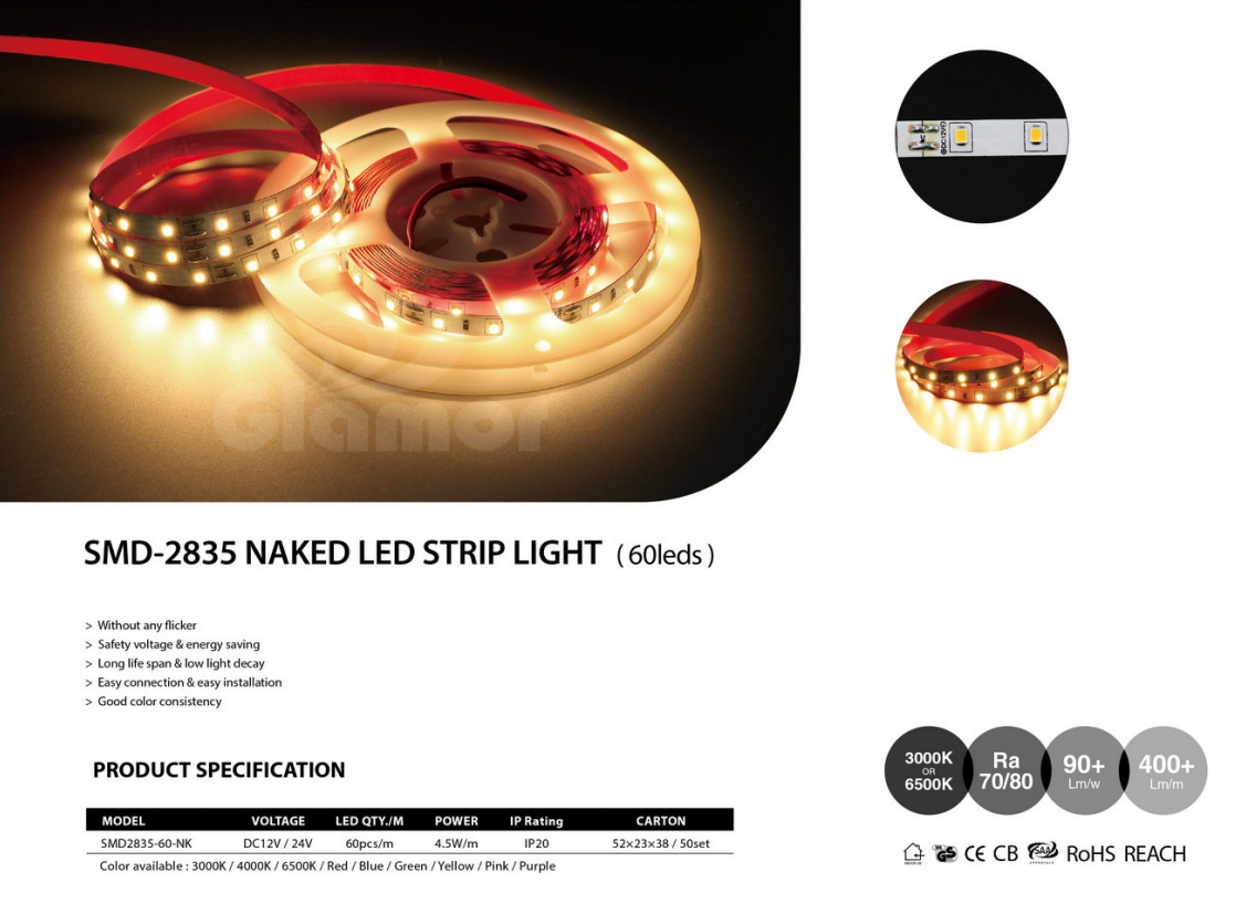 CE RoHS 12V 24V sangat terang IP20 Bogel PCB putih hangat LED Jalur Cahaya ( SMD2835-60S-NK-WW）kilang-GLAMOUR 2