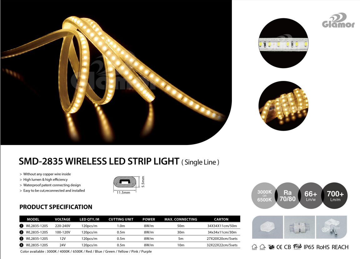சிறந்த வணிக நெகிழ்வான வெளிப்புற 120leds/m ஒற்றை வரி வயர்லெஸ் LED லைட் ஸ்ட்ரிப்கள் (WL2835-120S-WW) சப்ளையர்-கிளாமர் 2