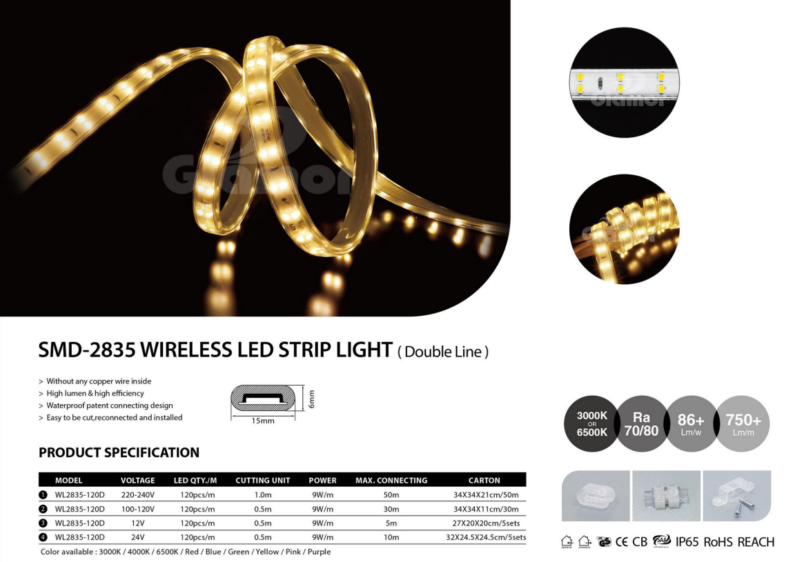 SMD2835 50m IP65 220V 230V 120V 110V 120LED Çift Hatlı Kablosuz LED Şerit Işık WL2835-120D-W Üreticileri-Glamor 2