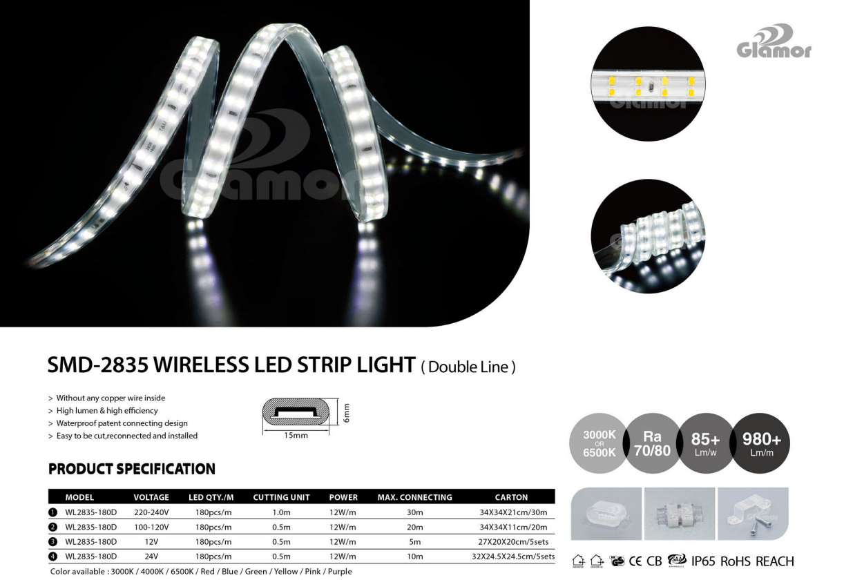 Toptan Yüksek Parlaklıklı IP65 180 LED'ler Çift Hatlı Kablosuz LED Şerit Işığı (WL2835-180D-WW) üreticileri -GLAMOR 2