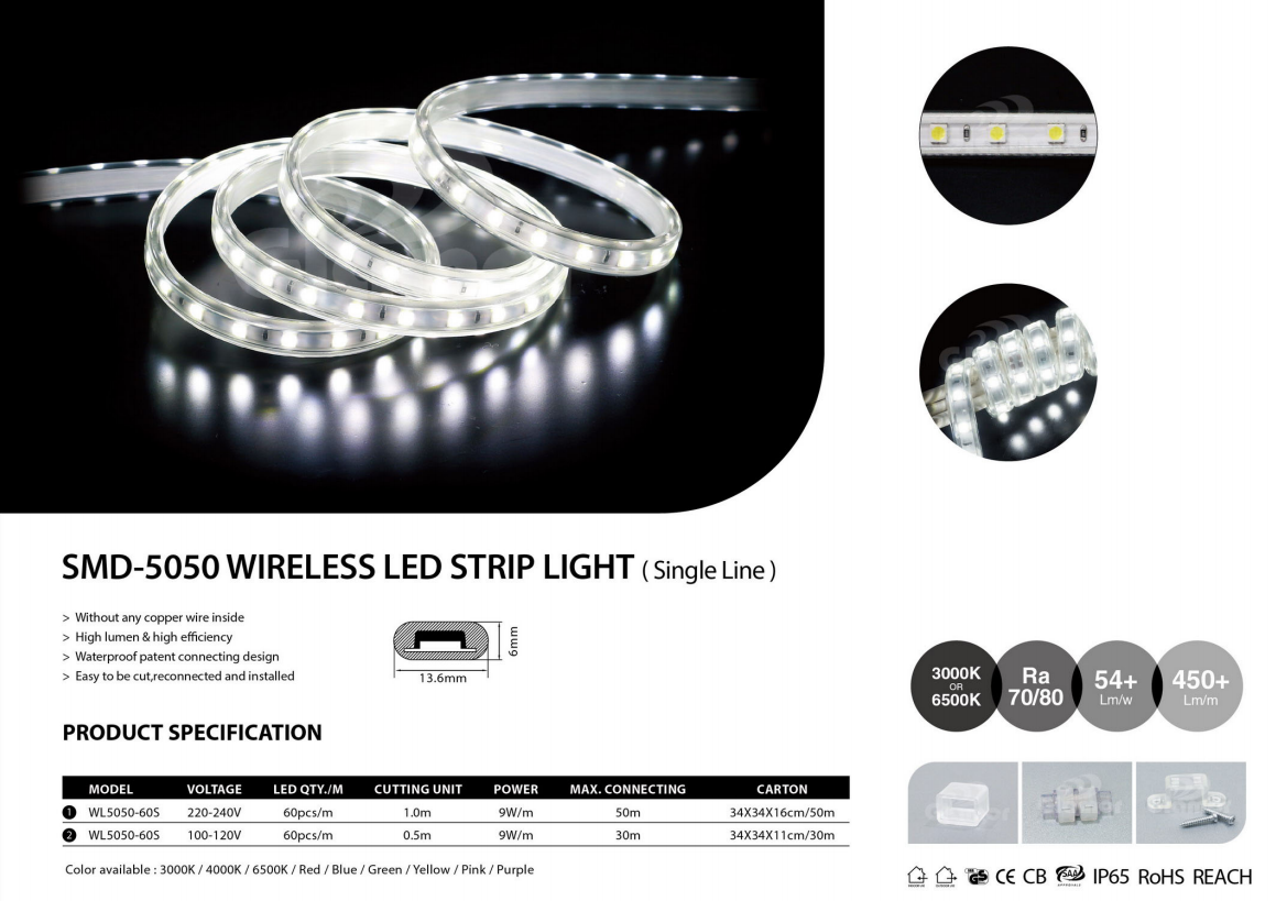 En İyi Kablosuz 60 LED/m 24V 230V 5050 Beyaz LED Şerit Işığı (WL5050-60S-W) Üreticisi - GLAMOR LED Aydınlatma 2
