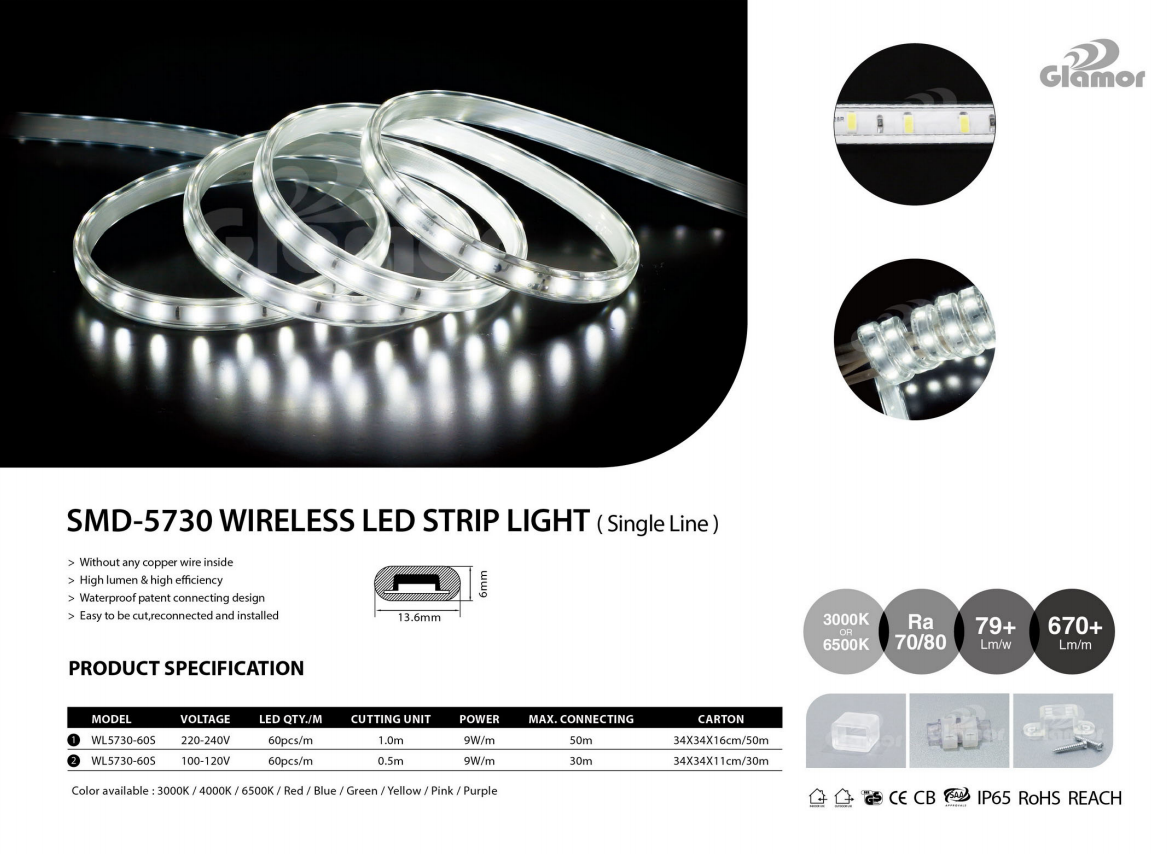 China IP65 yopanda madzi High lumen 60 leds/m 100-240V Opanda zingwe Kuwala kwa LED Strip Light (WL5730-60S-WW). opanga-GLAMOR 2
