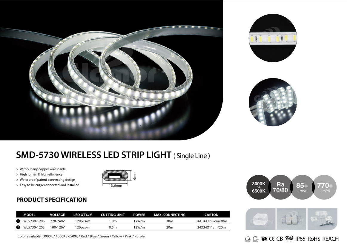 En İyi Yüksek Lümenli IP65 120 LEDS/M 220V 230V Tek Hatlı Beyaz Kablosuz LED Şerit Işığı (WL5730-120S-W) Tedarikçisi-GLAMOR 2