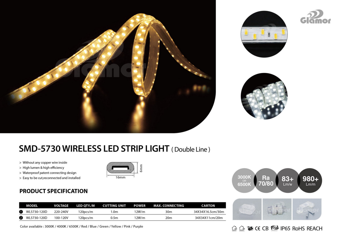 IP65 12W 220V 24V En İyi Kablosuz LED Şerit Işığı (WL5730-120D-W) tedarikçisi-GLAMOR OPTOELECTRONICS TECHNOLOGY CO.,LTD. 2