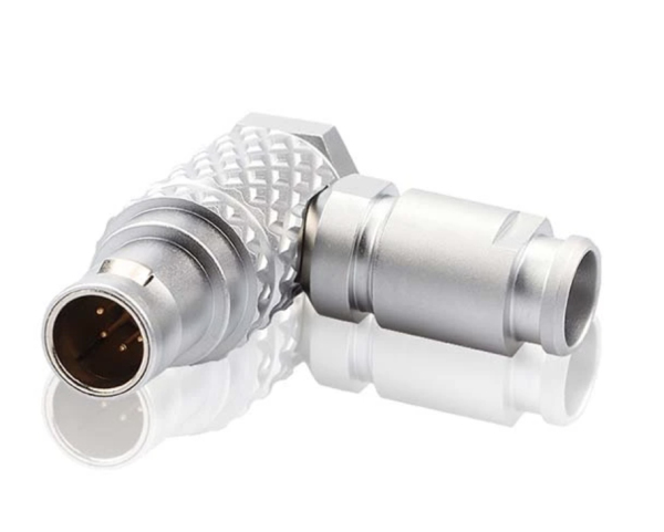  Conector metálico en ángulo recto MOCO con agarre texturizado e interfaz multipines.