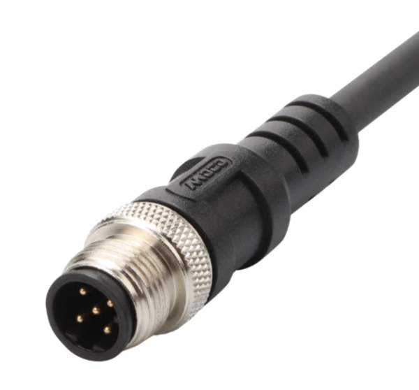  Primer plano de un conector circular de la serie M de MOCO con rosca metálica y múltiples pines.