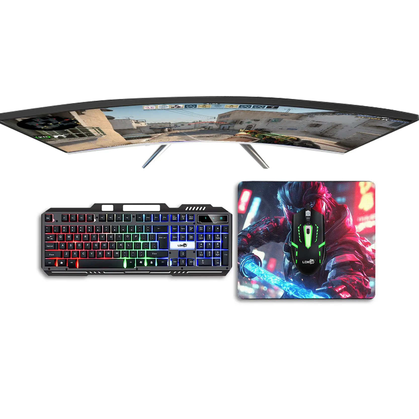 Display of high-end esports peripheral combo, oversized desk mat covering the entire tabletop, one-stop placement of mouse, mechanical keyboard and wrist rest