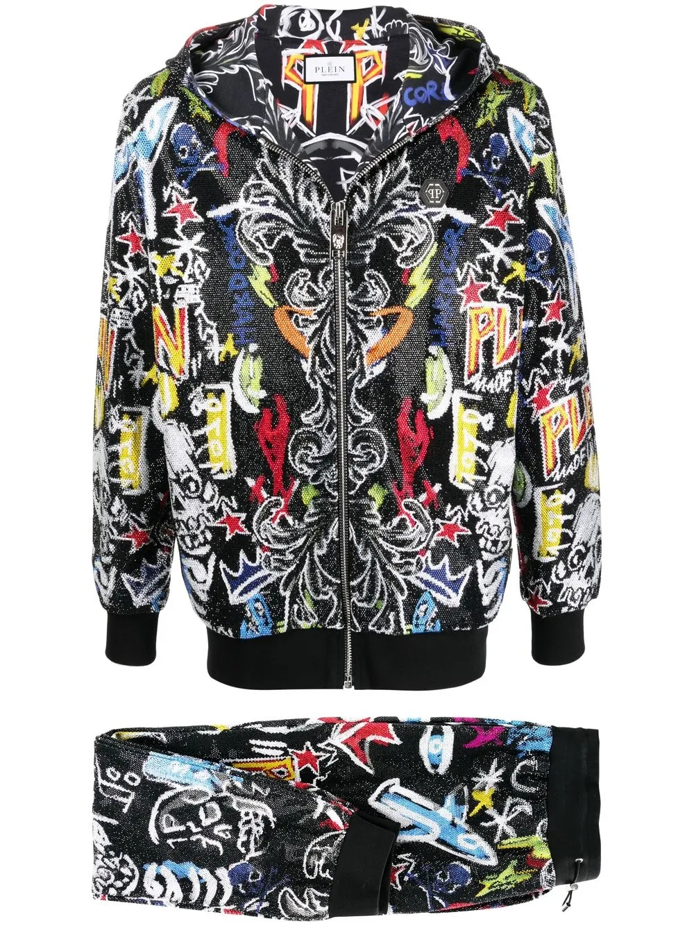 320G Rhinestone-Detail Graphic Print Full-Zip Stand Collar Streetwear Tracksuit Set-SWTS002 1