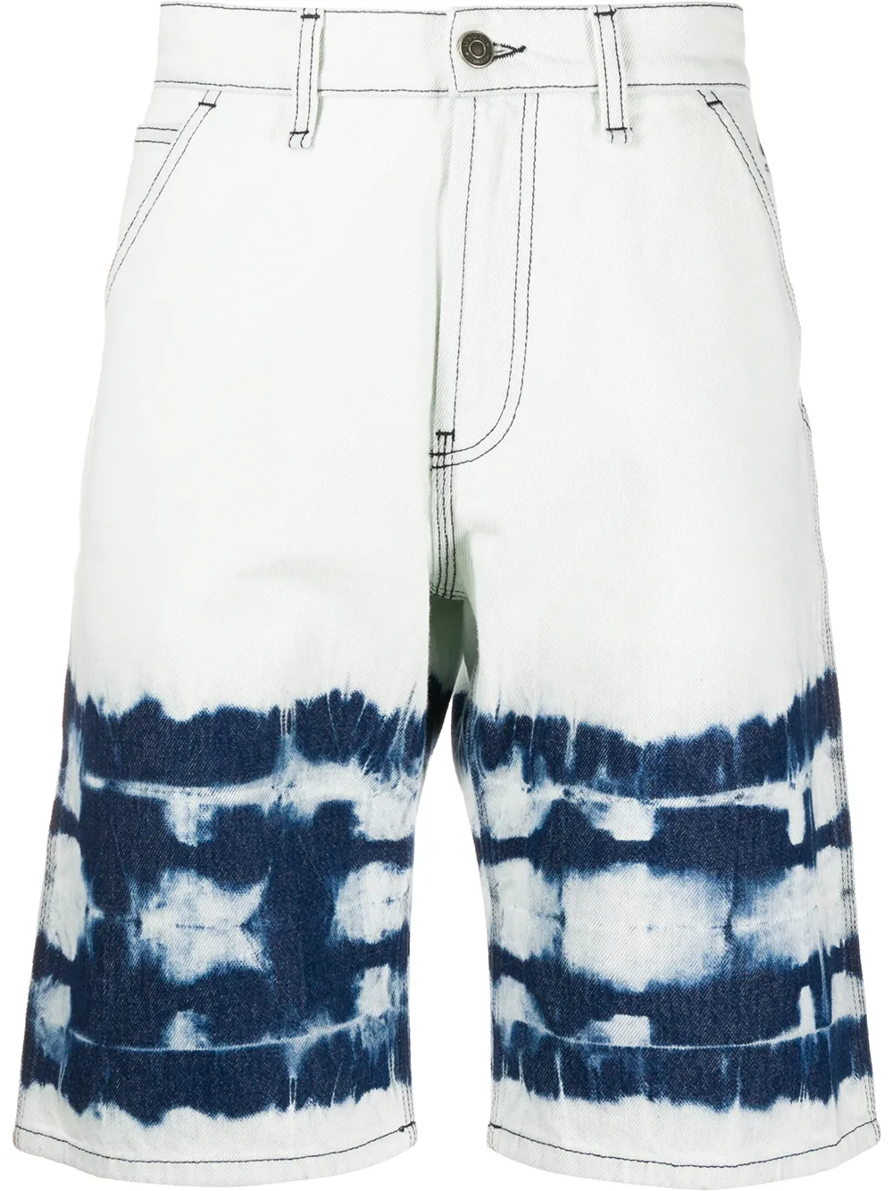 300GSM White & Navy Tie-Dye Abstract Print Denim Shorts | Button-Zip Fly-SS003 1