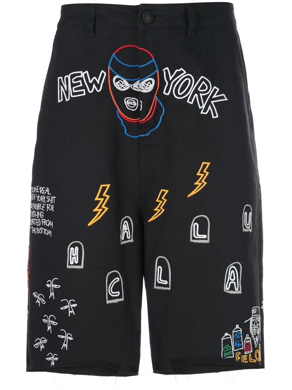 290GSM Black Embroidered Graphic-Print Cotton Nocturnal Woven Shorts | Button-Zip Fly-SS005 1