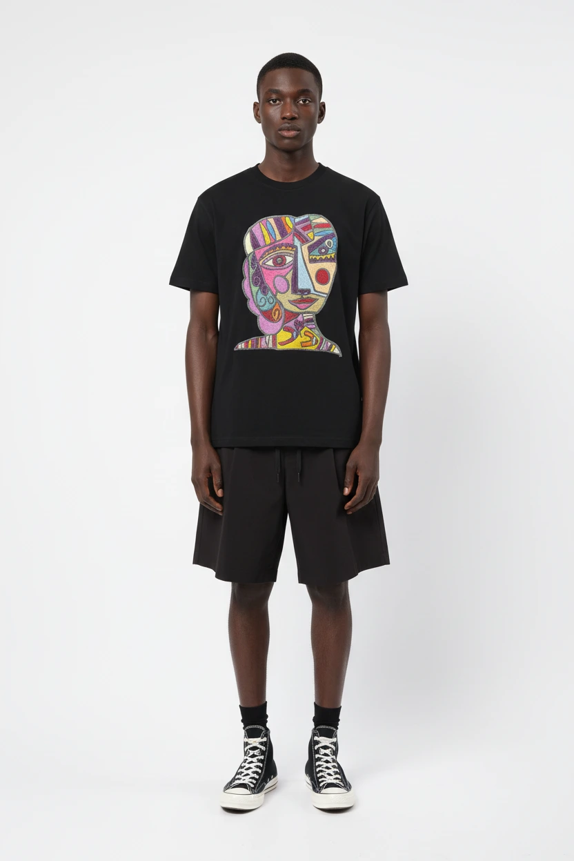 285GSM Abstract Portrait Embroidery 100% Cotton Oversized-Fit Round Neck T-Shirt-EBDRTS007 1