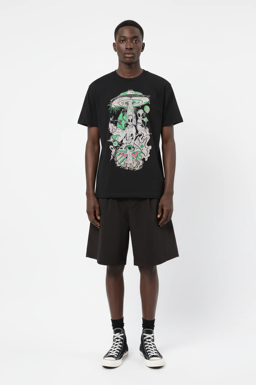 280GSM UFO & Alien Embroidery 100% Cotton Regular-Fit Round Neck T-Shirt-EBDRTS008 1