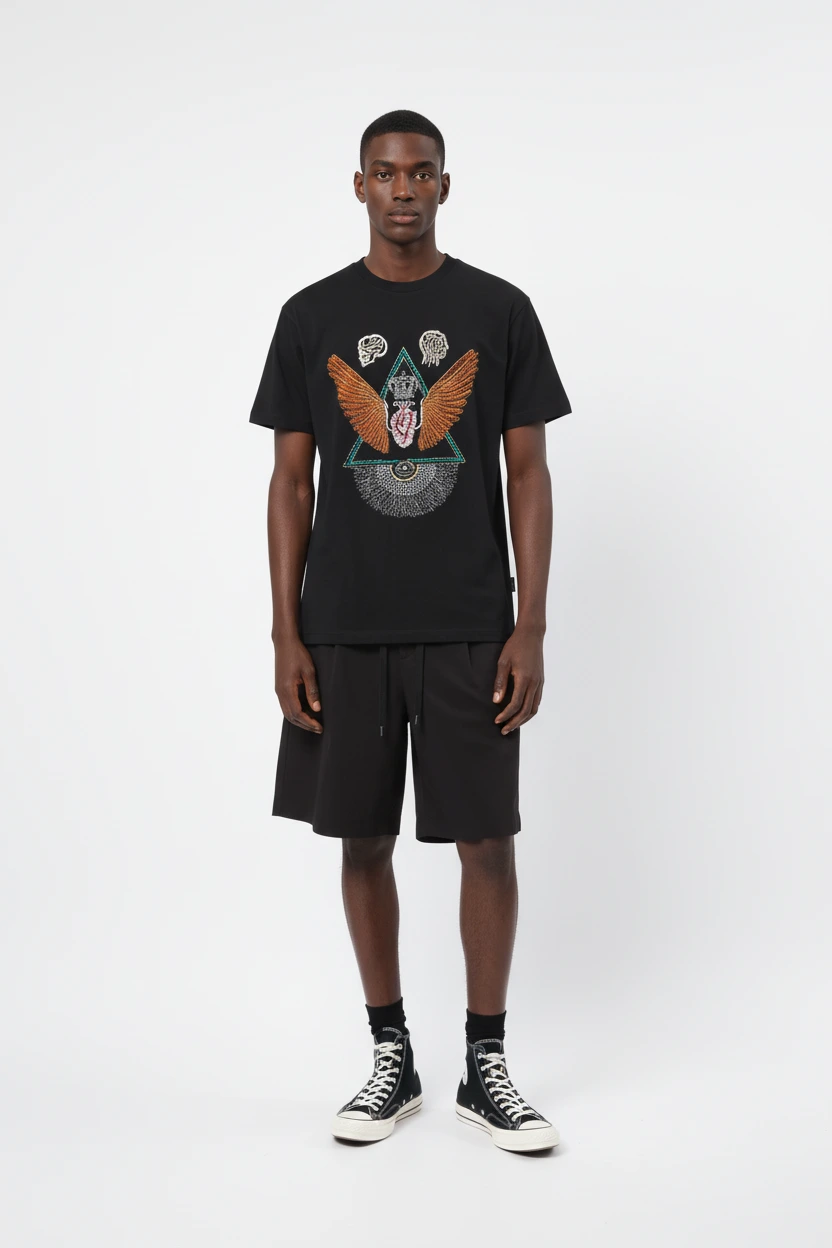 270GSM Mystical Symbol Embroidery 100% Cotton Regular-Fit Round Neck T-Shirt-EBDRTS009 1