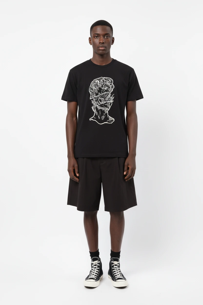 280GSM Deconstructed Bust Embroidery 100% Cotton Regular-Fit Round Neck Short-Sleeve T-Shirt-EBDRTS010 1