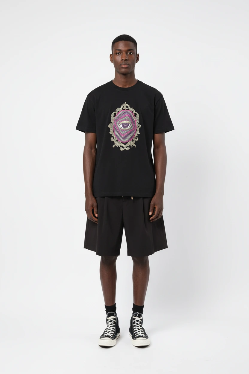280GSM Esoteric Eye Embroidery 100% Cotton Regular-Fit Round Neck T-Shirt-EBDRTS011 1