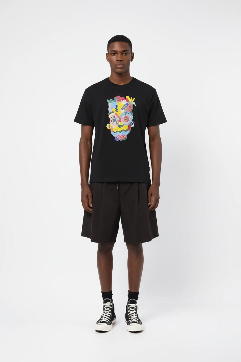 265GSM Pop-Art Mask Embroidery 100% Cotton Regular-Fit Round Neck T-Shirt-EBDRTS012 1