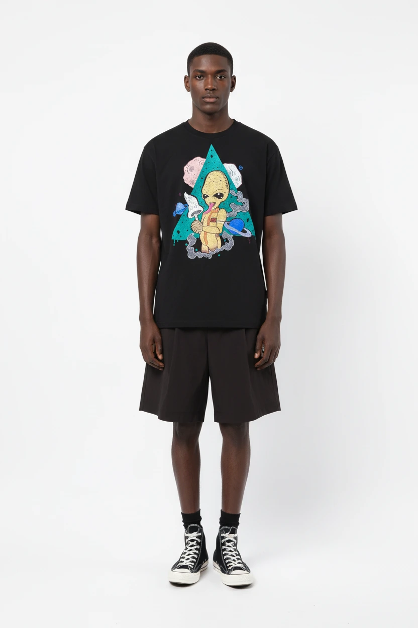 265GSM Cosmic Alien Embroidery 100% Cotton Regular-Fit Round Neck T-Shirt-EBDRTS013 1