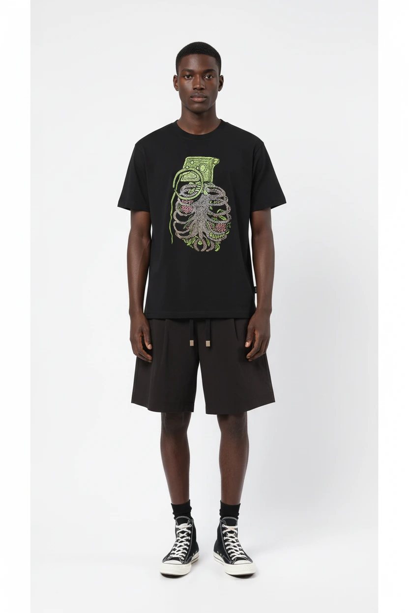 260GSM Botanical Grenade Ribcage Embroidery 100% Cotton Round Neck T-Shirt-EBDRTS014 1